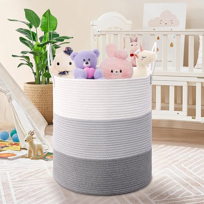 Laundry Hamper for Organizing, 52L Large Laundry Baskets, Cotton Rope Woven Blanket Basket, Collapsible Laundry Hamper for Living Room, Nursery, 15"×18", Gray - Image 6