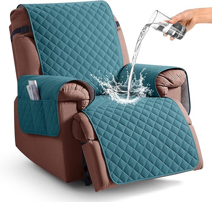 KinCam 100% Waterproof Recliner Chair Covers Washable, 23.6", Peacock Blue | Anti Slip Reclining Couch Covers for Pets Dog, Recliner Sofa Slipcover Storage Pocket, Furniture Protector with Elastic Strap by KinCam