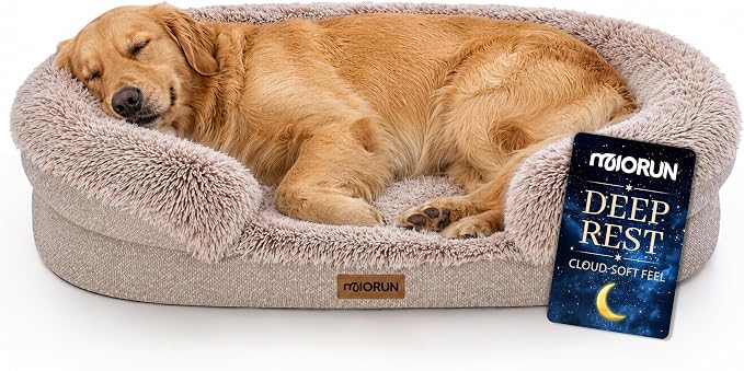 Miorun Fluffy Orthopedic Dog Beds Large Sized Dog, 43" Bolster Sofa Bed | Soft plush faux fur,lowered entry,washable cover,waterproof liner,claming dog couch for x-large dogs,supportive bolster by Miorun