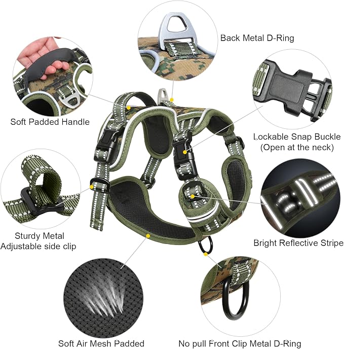 Timos Small Dog Harness, No Pull No Choke, Easy On & Off, Military Green, S | Adjustable Reflective Soft Padded, Neck Quick Release with 3 Buckles, Front & Back 2 Clips and Handle for Walking Training - Image 4