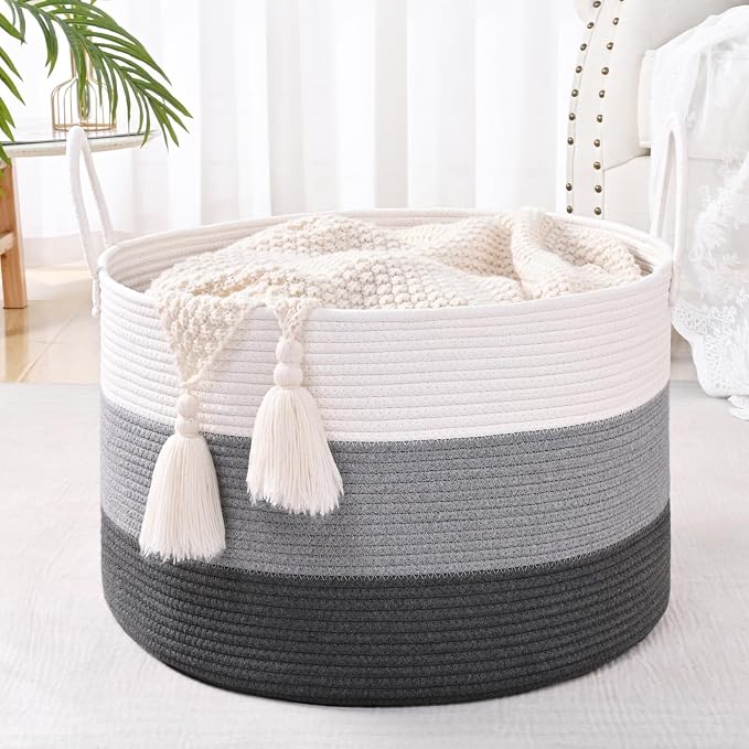 67L Large Woven Blanket Basket, Cotton Rope Baby Laundry Hamper with Handles, Kids Toy Basket for Classroom & Nursery, Soft Round Stuffed Animal Storage, Dog Toy Bin - 20"x13", Gray - Image 7