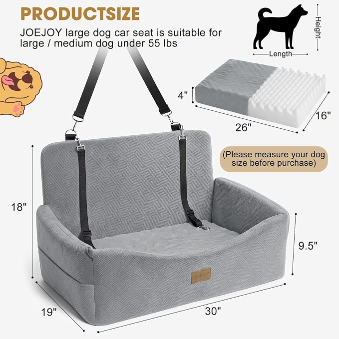 JOEJOY Dog Car Seat for Large Medium Sized Dogs Under 55 lbs, Dog Booster Seat for 2 Small Dogs with Detachable Washable Cover, Memory Foam Pet Car Seat with 2 Safety Belts and Storage Pockets - Image 7