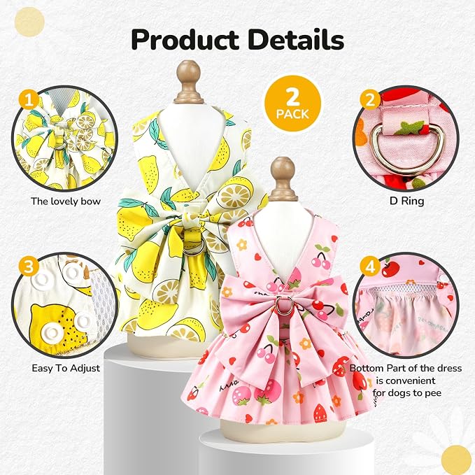 2Pack Small Dog Harness Dress for Girl Puppy Cat Dress with Strawberry&Lemon Pattern Adjustable Breathable D-Ring Outfits for Small Puppy Cat Dresses for Cats Only or Dog Girl Clothes - Image 5