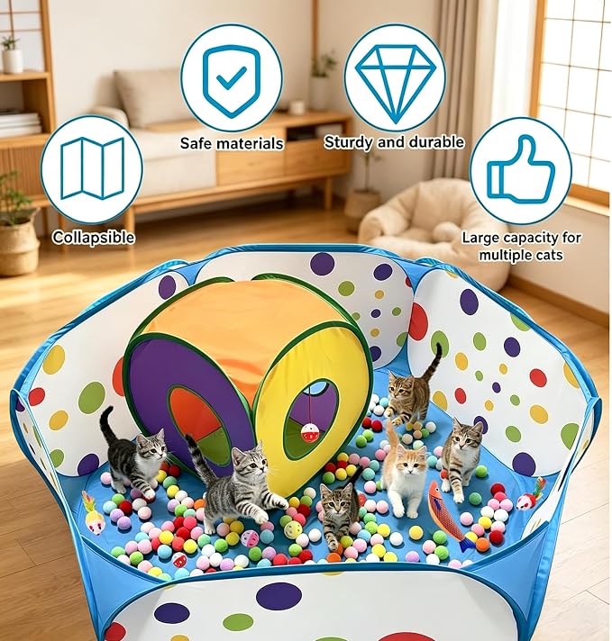 Ball Pit and Tunnel Tent for Cats, with 200 Pom‑pom Balls, 1 Ball Launcher, 8 Bell Balls, 4 Colorful Mice and 1 Saury Fish, Foldable Indoor & Outdoor Cat Activity Center for Interactive Play - Image 4