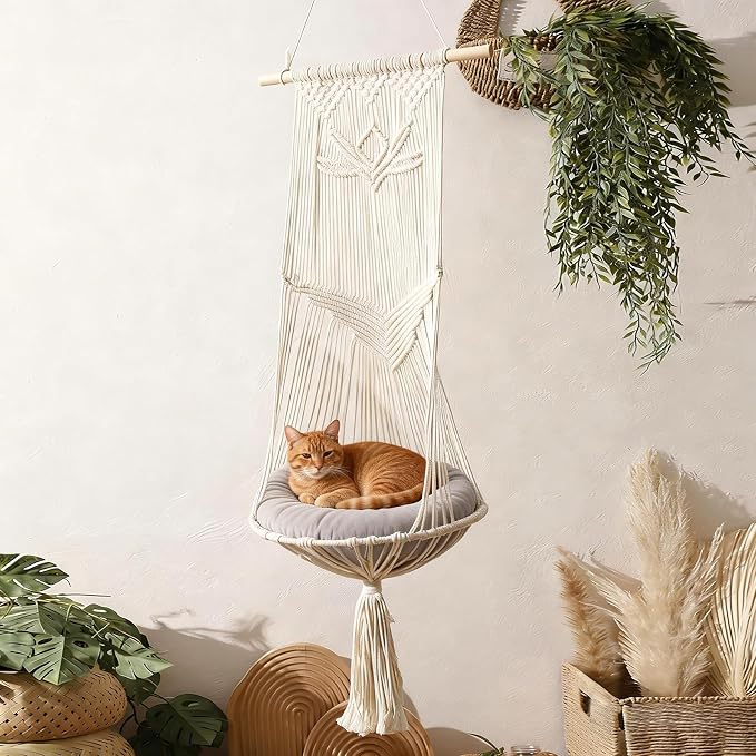 Macrame Cat Hammock-Boho Cat Bed Cotton Wall Hanging for Window Indoor Outdoor Home Decor, Macrame Cat Bed Hanging for Sleeping, Playing, Climbing and Lounging 49.2" Lx15.74 W - Image 5
