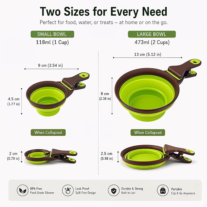 Collapsible Dog Bowls (2 Pack) - Portable Silicone Pet Food Scoop & Measuring Cups with Bag Clip, Travel Dog Feeding Bowl Set with Premium Gift Box, Green - Image 2