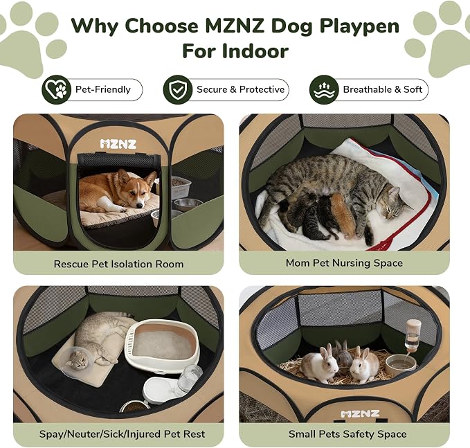 Dog Cat Small Animal Puppy Playpen Crate, Medium, Olive Green | Portable Pop Up Pet Cage Enclosure Tent Kennel Indoor Outdoor with Carrying Case, No Assembly, Camping Use - Image 4