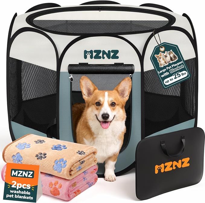 Dog Cat Small Animal Puppy Playpen Crate with 2 Blankets, Medium, Grey | Portable Pop Up Pet Cage Enclosure Tent Kennel Indoor Outdoor with Carrying Case, No Assembly, Camping Use by MZNZ