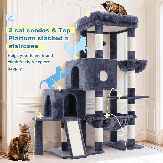 Hey-brother Cat Tree Tower with Plush Steped Condos, Big Platform, MPJ071G | 50 Inches Tiered Climbing Cat House with Sisal Scratching Posts, Spacious Hammock, Cozy Basket for Indoor Cats, Smoky Gray - Image 3