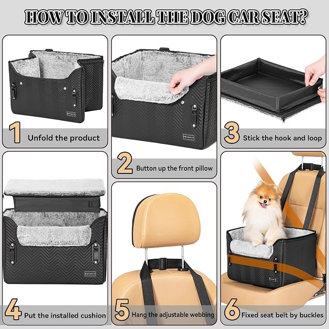 PETSFIT Small Dog Car Seat, Waterproof PU Leather Dog Carseat with Patent Safe Buckles, Clip-On Leash, Car Seat for Dogs, Cats Up to 25 lbs (Glossy Black) - Image 6