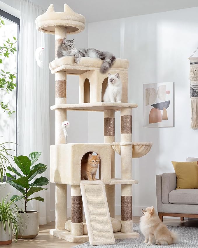 Globlazer Heavy Duty Cat Trees for Large Cats, Sturdy 72in Maine Coon Cat Tree for Large Cat 20 lbs+ Heavy Duty Cat Tower for Adult Biggest Cats with 6 Scratching Posts, Hammock, S72, Beige by Globlazer