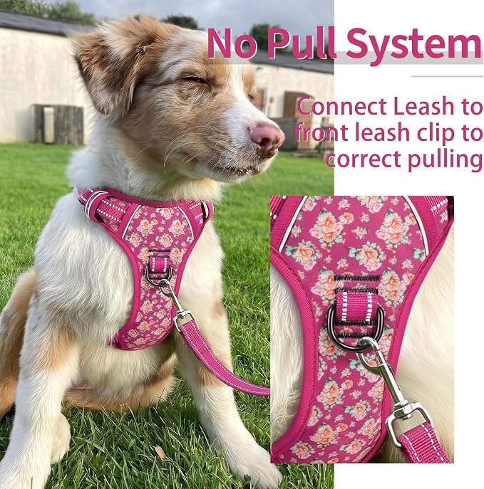 HEELE Large Dog Harness, Reflective, No Pull No Choke, Flower Rose, XL | Front Clip for Large Dog Harness, 2 Metal Rings with Handle, Adjustable, Soft Breathable Padded Pet Vest for Night Walking - Image 5