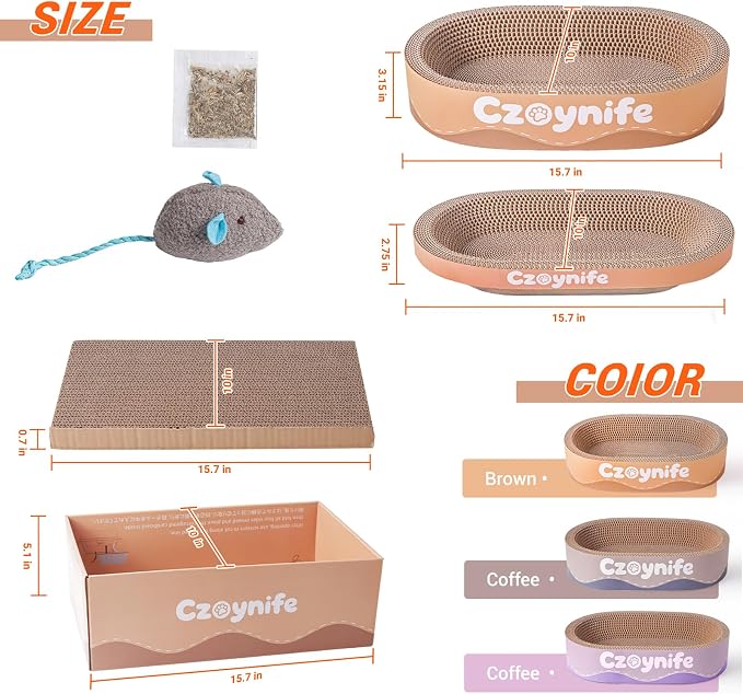 3PCS Cat Scratcher Cardboard, Oval Cat Scratch Pad Bowl Nest for Indoor Cats, Round Cat Scratching Board Corrugated Lounge Cat Bed, Furniture Protector for Couch (Brown, 15.7 * 10 in) - Image 3
