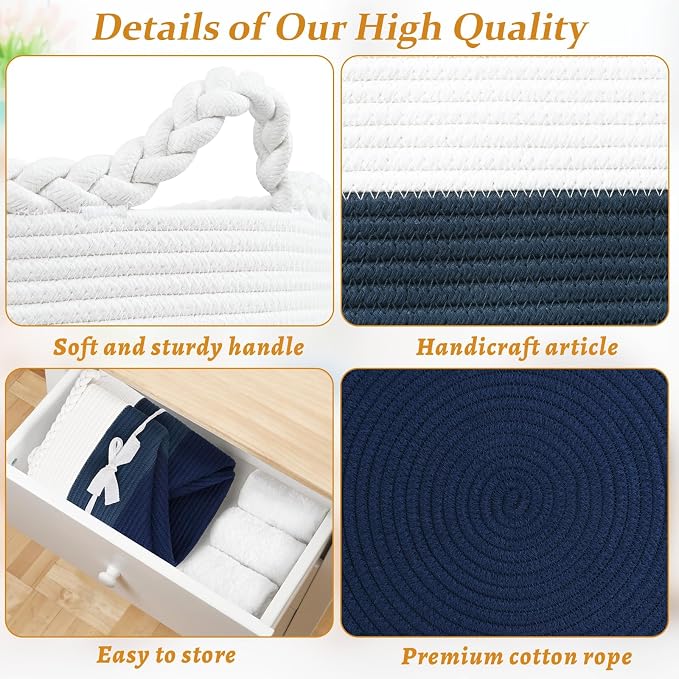 67L Large Woven Blanket Basket, Cotton Rope Baby Laundry Hamper with Handles, Kids Toy Basket for Classroom & Nursery, Soft Round Stuffed Animal Storage, Dog Toy Bin - 20"x13", Dark Blue - Image 7