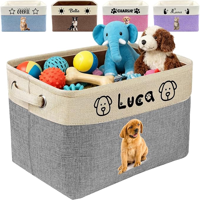 Customized Pet Toy Storage Basket - Personalized Dog & Cat Toy Organizer with Name, Foldable & Durable Fabric Bin for Pet Supplies, Organizer for Toys, Coats, Clothing, Blankets Grey by Unknown