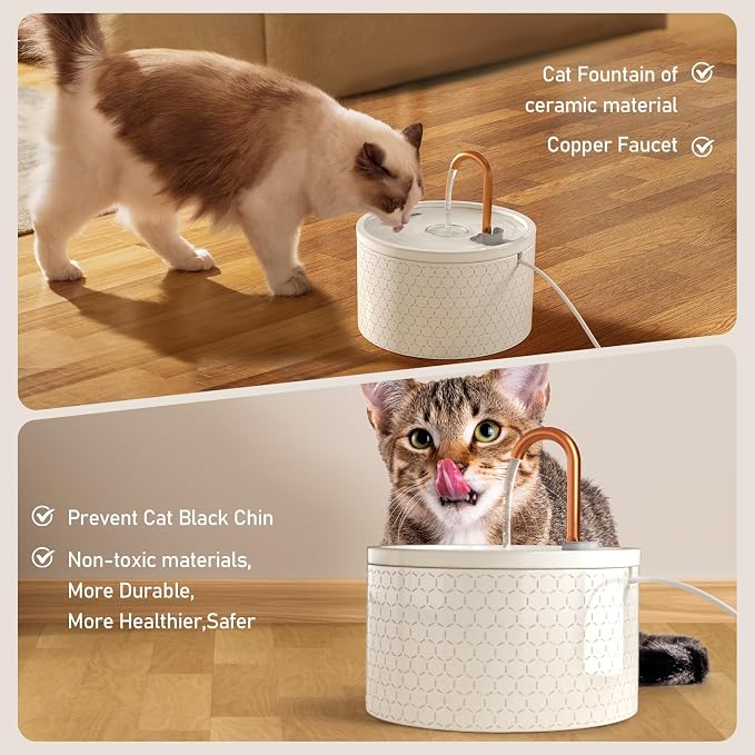 DOOOB Ceramic Cat Water Fountain, 2.1L/71oz Cat Fountain | Automatic Ceramic Water Fountain for Cats, Pet Fountain with Ultra-Quiet Pump and 3 Filters & 3 Sponges (Honeycomb Embossed) - Image 4