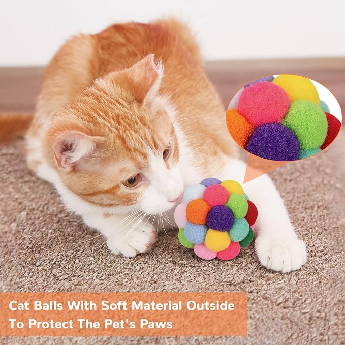 Retro Shaw Cat Toys Balls with Bells Inside, Kitten Toys Pack 6Pcs | Woolen Yarn Cat Balls, Soft Pompom Jingle Ball with String, Interactive Kitty Nip Toys for Indoor Cats - Image 6