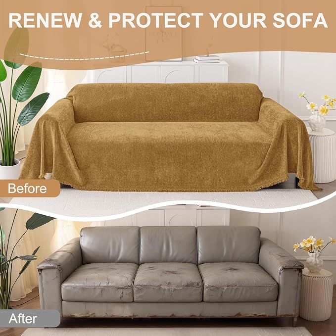Smiry Couch Cover for Dogs, Chenille Sofa Covers for 3 Cushion Couch | Washable Soft Sofa Slipcover for Pets, Thick Sectional Furniture Protector with Tassels (Yellow, 71x134 Inch) - Image 8