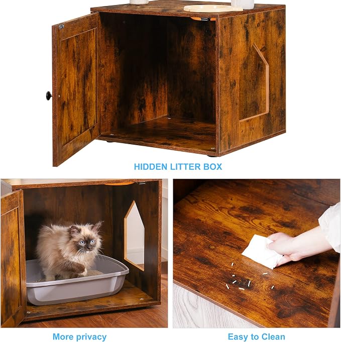 Hey-brother Cat Tree Tower, Litter Box Enclosure, Food Station, MPJ100SR | 47.24 Inches Wooden All-in-one Cat House, Large Hammock, Bed, Scratching Posts, Modern Style for Indoor Cats, Rustic Brown - Image 5