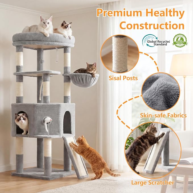 Cat Tree, 61 Inch Tall Cat Tower, Diamond-Shaped Cat Cave VCT001W | Cat Condo with Wide Top Perch & Basket, Sturdy Scratching Post, Interactive Toy for Large Indoor Cats, Light Gray - Image 5