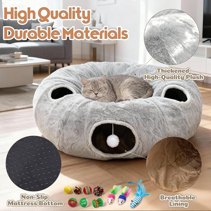 4-Holes Cat Tunnels for Indoor Cats, Plush Donut Cat Bed Tunnel Grey | Large Cat Bed Cave, 11 Cat Toys Gift, Very Soft and Lightweight, Cat Cave Hideout, fits Multiple Cats, Kitten, Puppy, Rabbit - Image 6
