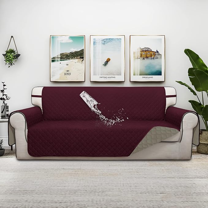 ISSUNTEX Double Protection 100% Waterproof Sofa Covers for Living Room, Couch Covers for 3 Cushion Couch Sofa, Reversible Furniture Protector Sofa Cover for Dogs, Pets, Kids (Sofa, Wine/Beige) - Image 2