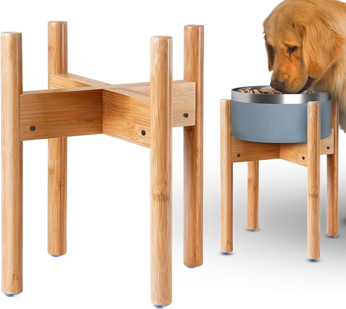 Dog Bowl Stand for Large Dogs - Adjustable, Easy Fold-Down | Use to Elevate Raise Dog Food, Water and Slow Feeder Bowls, Lock-Bolts and Tool Added, Foot-Padded, Bamboo Stand Only by ZPirates