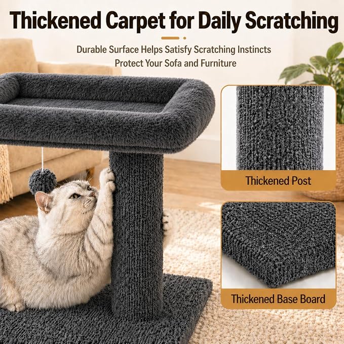 Small Cat Tree with Large Top Perch for Indoor Cats, Grey | Carpeted Scratching Post | Soft Plush Bed | Furniture Protecter | Small Cat Tower | Replacement Toy Balls | Space-Saving - Image 4