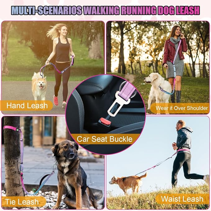 Heavy Duty Hands Free Dog Leash, 5-7 FT Reflective Adjustable Waist Dog Leash Belt with Padded Handles, Shock Absorbing Bungee and Car Seat Belt for Large Medium Dogs (Gradient Pink, XL) - Image 4