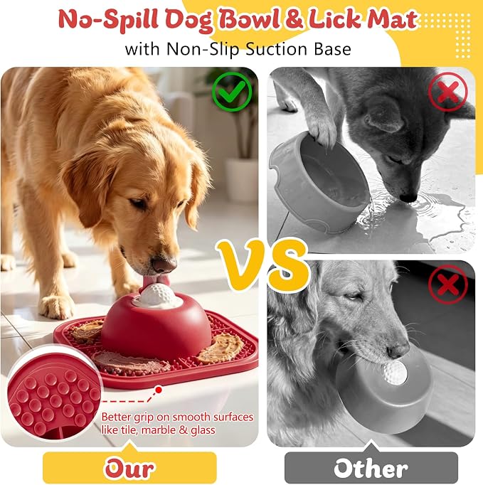 Slow Feeder Dog Bowls & Lick Mat for Liquid and Thick Treat, Anti-Slip Dog Lick Bowl with Interactive Rolling Ball, 5/6 Cup Pup Licking Toy for Large Medium Small Dogs and Cats Red - Image 5