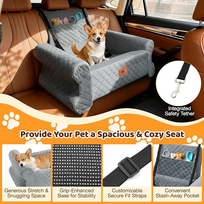 Dog Car Seat for Medium/Large Dogs up to 60LBS Memory Foam Dog Booster Seat | with Thick Cushion, Pet Car Seat for Back with Detachable Washable Cover, Storage Pockets for SUV, Pick Up, Trunk, Grey - Image 3