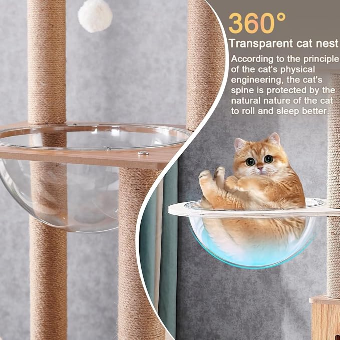 61'' Wooden cat Tree with cat Condo, Cat Stairs Scratching Posts, 2 Bowl,Sisal Scratching Posts,Cozy Cat Hammock and Top Perch. Cat Tree for Large Cats. - Image 6