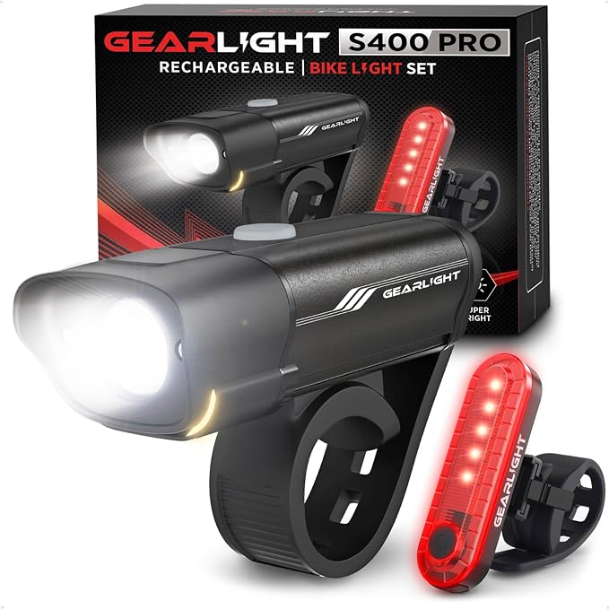 Bike Lights for Night Riding, USB Rechargeable Front and Back Lights, LED Bicycle Headlight and Tail Light Set, Water Resistant Bike Lights Rechargeable for Mountain Bikes, Kids Bike Light, MTB Light by GearLight