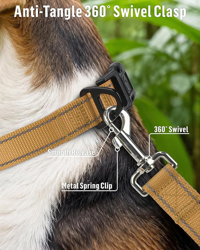FunTags Reflective Nylon Dog Leash for Small & Medium Dogs, 4FT Training | Comfortable Padded Grip, Stay Safe at Night, 360° Anti-Tangle Swivel, for Dog Parks & Trails, Khaki - Image 4