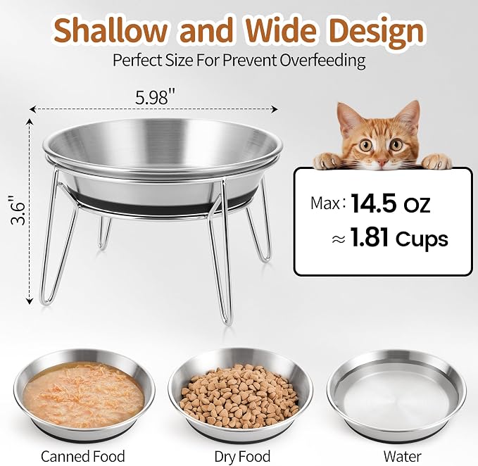 WROSWT Elevated Cat Bowls, 304 Stainless Steel Raised Cat Food Bowl, Wide Shallow Anti-Vomiting Cat Dish for Whisker Fatigue Relief, Non-Slip Silicone Base Dishes for Solo Use, 2 Set - Image 5