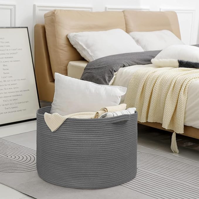 MEGASKET Large Dark Grey Storage Basket, Woven Cotton Rope Baskets for Storage, Big Blanket Organizer Storage Basket for Living Room, Kids Room Toy Storage Organizer Box, Blanket Keeper (22"x14") - Image 6