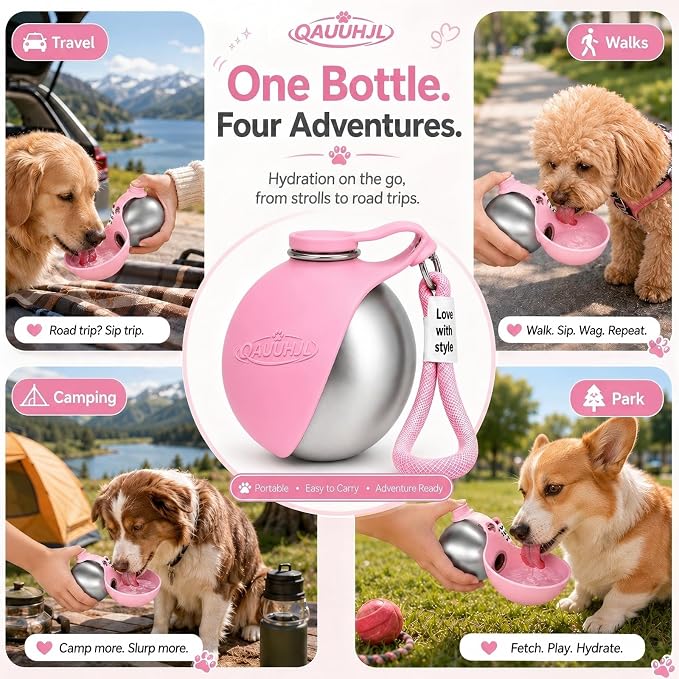 Dog Water Bottle Portable Travel Pet 2-in-1 Stainless Steel Bowl | Dispenser Leak Proof Hydration with Easy Carry Lanyard for Walking Hiking Camping Outdoor Adventures Small Medium Dogs - Image 5