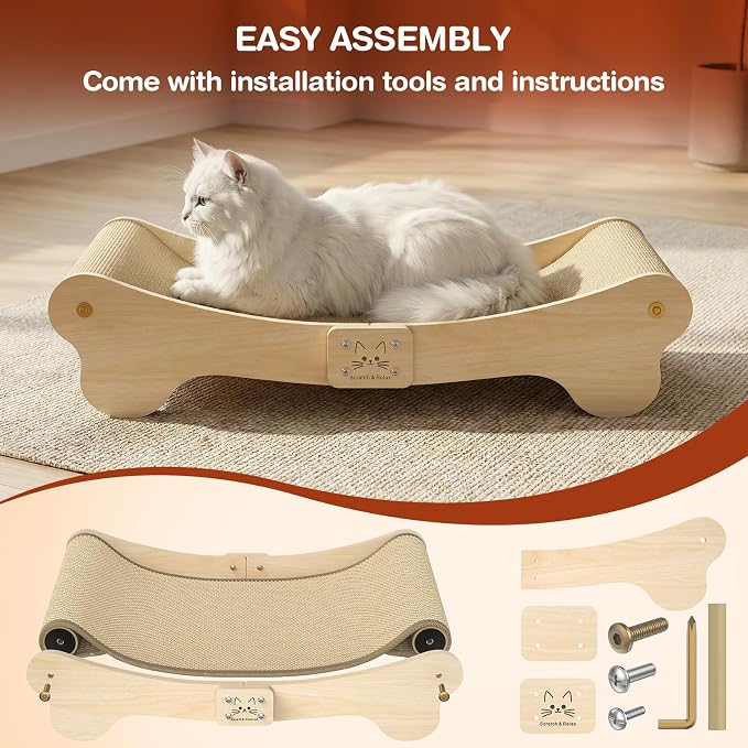 NOCOEX Sisal Cat Scratcher Bed: Wood Scratch Board Hammock for Indoor Cats | Natural Solid Wood Curved Frame Lounger Sleep Scratching Pad Post Large Cats 45 lbs, Easy Assembly Modern Furniture Protector - Image 6
