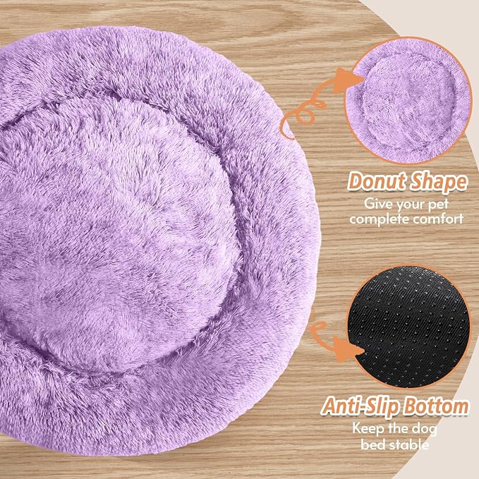 JOLLYVOGUE Calming Dog Bed for Small Dogs - 23 inches Donut Washable Small Dog Bed for Kittens & Puppies, Anti-Slip Round Fluffy Plush Faux Fur Cat Beds (Fits up to 25 lbs Pets, Purple) - Image 3