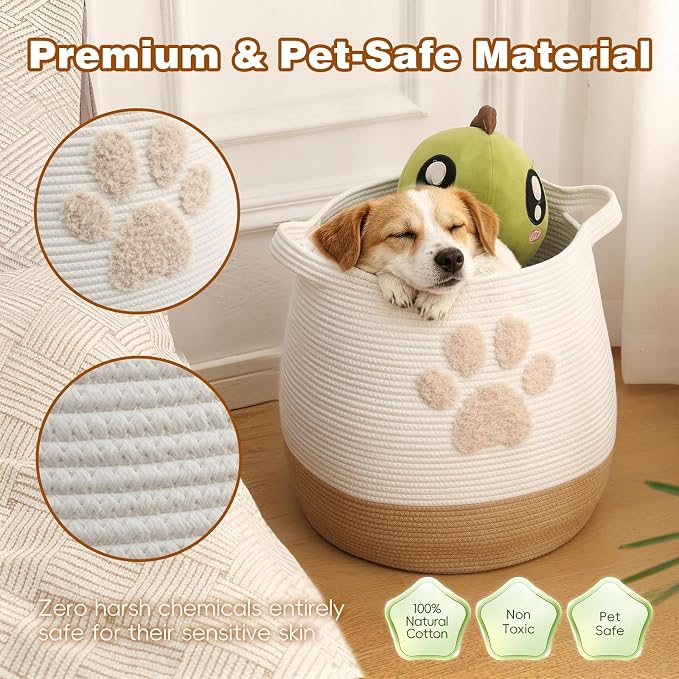 Large 17.7" Cotton Rope Pet Toy Storage Basket with Cute Paw Print - Woven Dog Toy Bin & Cat Organizer - Soft Round Hamper for Puppy Blankets, Treats, Nursery & Living Room Storage - Image 4