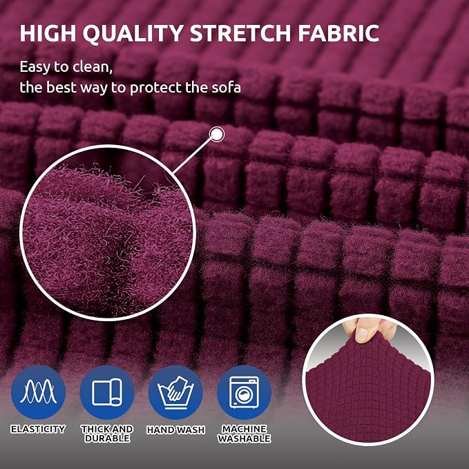 KEKUOU Stretch Loveseat Couch Cover, 2 Cushion Couch Slipcover,Wine | 1-Piece Washable Sofa Cover Pet Friendly (55"-78") Furniture Protector Soft Jacquard, Elastic Bottom for Dogs & Kids - Image 5