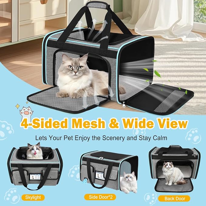 HUANLANG Large Cat Carrier Soft Sided Travel Pet Carrier Airline Approved | Dog Carriers for Small Dogs Medium Cats,Collapsible,3 Storage,zipper lock,Reflective strips,Luggage Strap, Up to 15 Lbs, Grey - Image 7