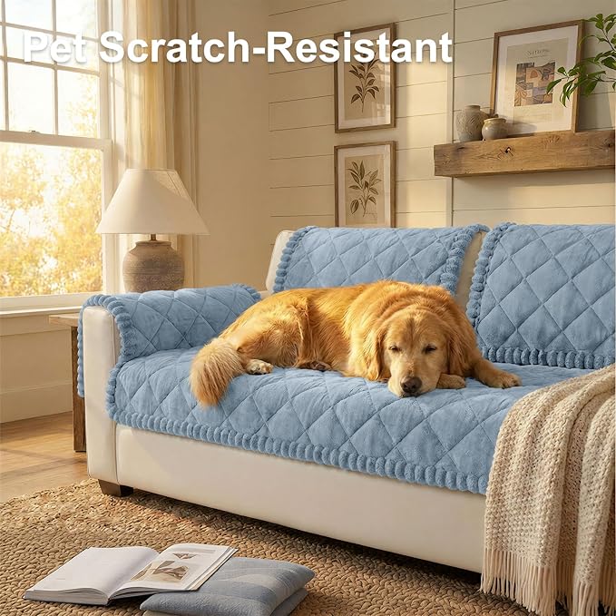 Smiry Non Slip Couch Cover for Dogs, Fuzzy Plush Pet Sofa Protector | Washable Furniture Cover for Large Dogs & Cats, Scratch & Dirt Resistant, For 2 Cushion Couch, Haze Blue, 27.6"x47" - Image 2