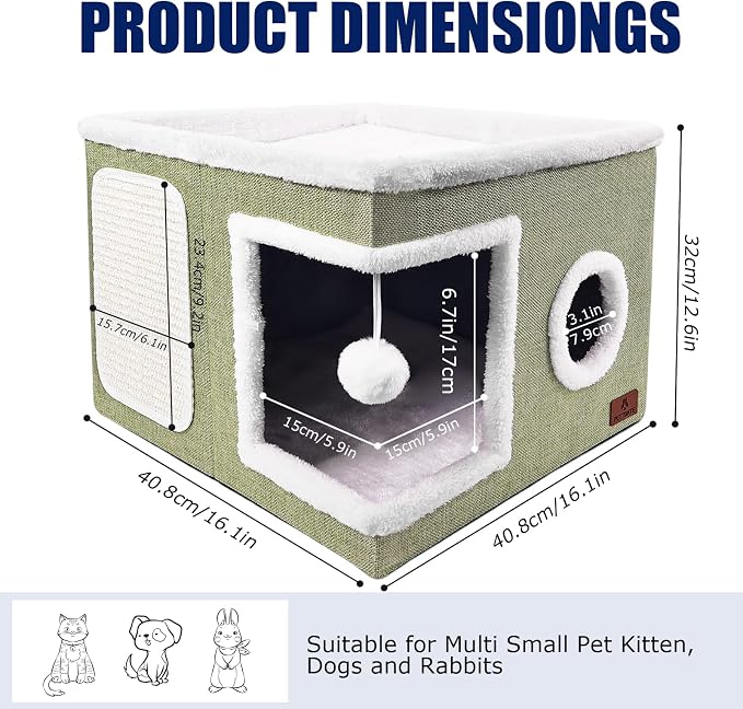 Cat Beds for Indoor Cats, Large Cat Cave Bed with Scratch Pad and Fluffy Ball, Foldable Cat Hideaway, Cat House with Reversible Cushion for Multi Small Pet Up to 30LBS, Green - Image 2