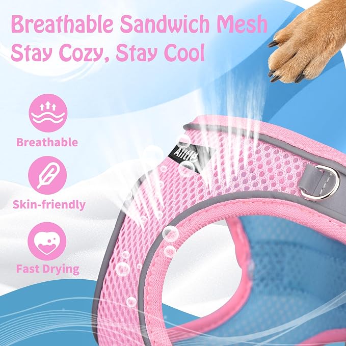 AIITLE Medium Dog Harness and Leash Set, Step-in Puppy Pet Vest, Pink XL | Breathable Mesh, Adjustable Fit, Reflective Design, Padded Leash Handle, for Small-Medium Dogs & Cats, Walking, Training - Image 7