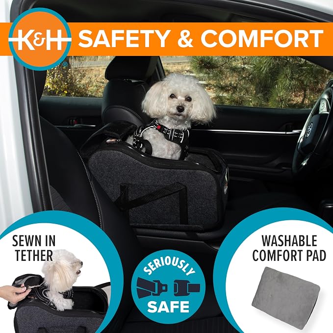K&H Center Console Dog Car Seat for Small Dogs & Cats, for Pets Under 8 lbs | Front seat view, car seat for dogs, car dog seat, mesh top, safety tether - Image 5