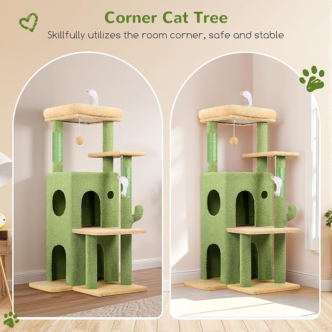 Globlazer Cactus Cat Tree Tower for Indoor Cats, 50-inch Adult Cat Tree House for Large Adult Cats with Steps, Scratching Post, 2 Cat Caves, Dangling Toys, FC50, Green - Image 2