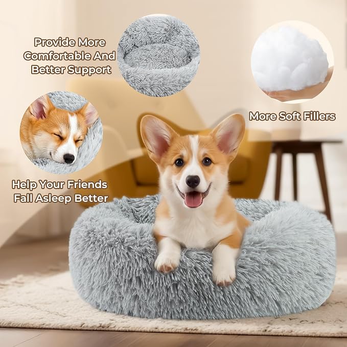 Calming Donut Dog and Cat Bed for Indoor Cats, Anti-Anxiety Round Fluffy Soft Washable Small Pet Bed for Puppy and Kitten, Warming Comfortable Luxury Anti-Slip Waterproof Mute Base 20in Gray - Image 4