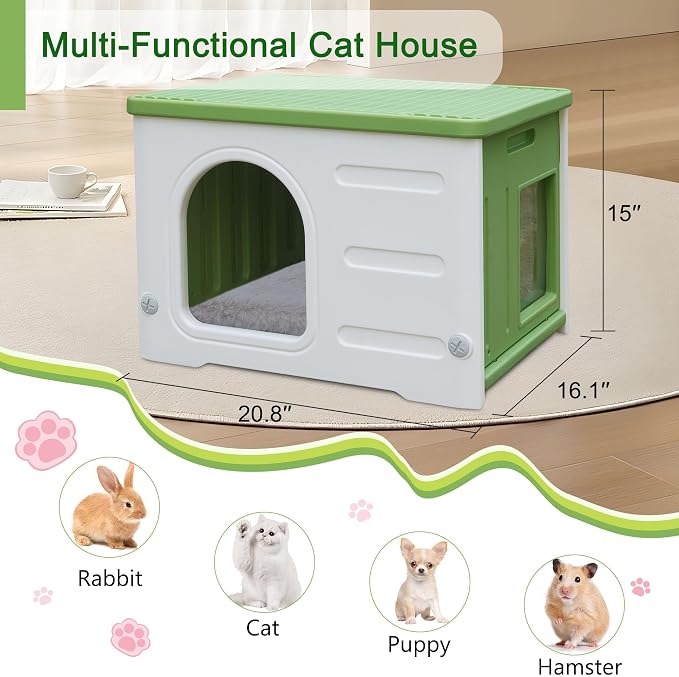 Plastic Cat House Outdoor & Indoor, Waterproof Feral Cat Houses with Escape Door, Sturdy Outdoor Cat House with Bed Mat, Outside Cat Shelter for Small Pet, Assemble and Clean Easily-Green - Image 6