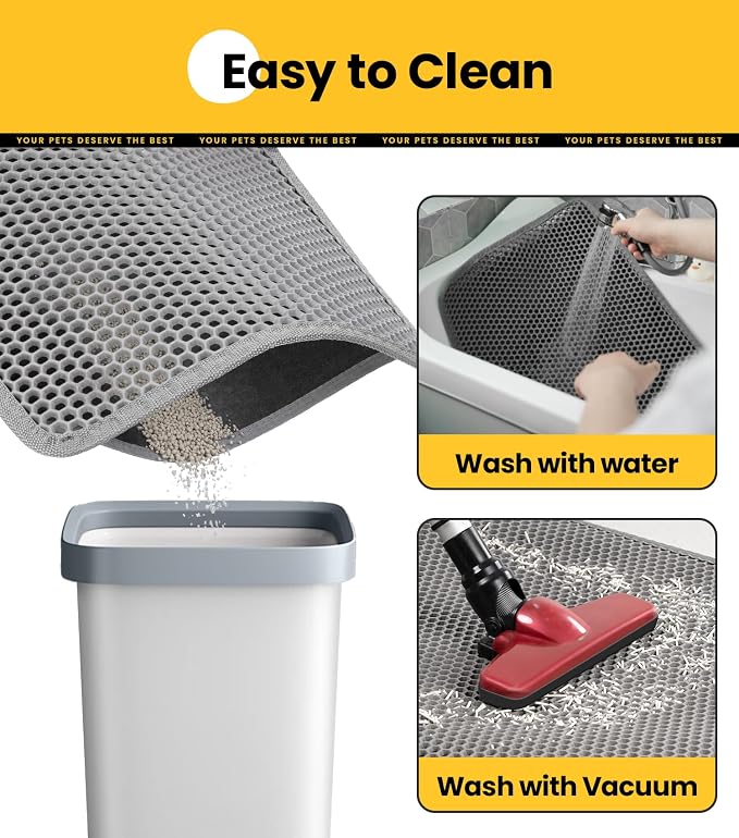 Cat Litter Trapping Mat, 24"x18" Universal Fit Litter Box Floor Mat, Hexagon Grids & Anti-Leak Base, Machine Washable, Non-Slip Kitty Mat for Most Homes, Gray - Image 6